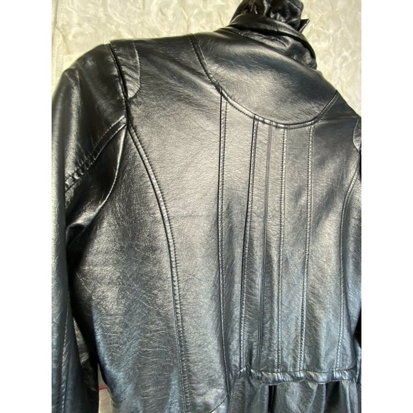 Odyn Women Black Faux Leather Jacket Ruffled szM - Picture 9 of 10
